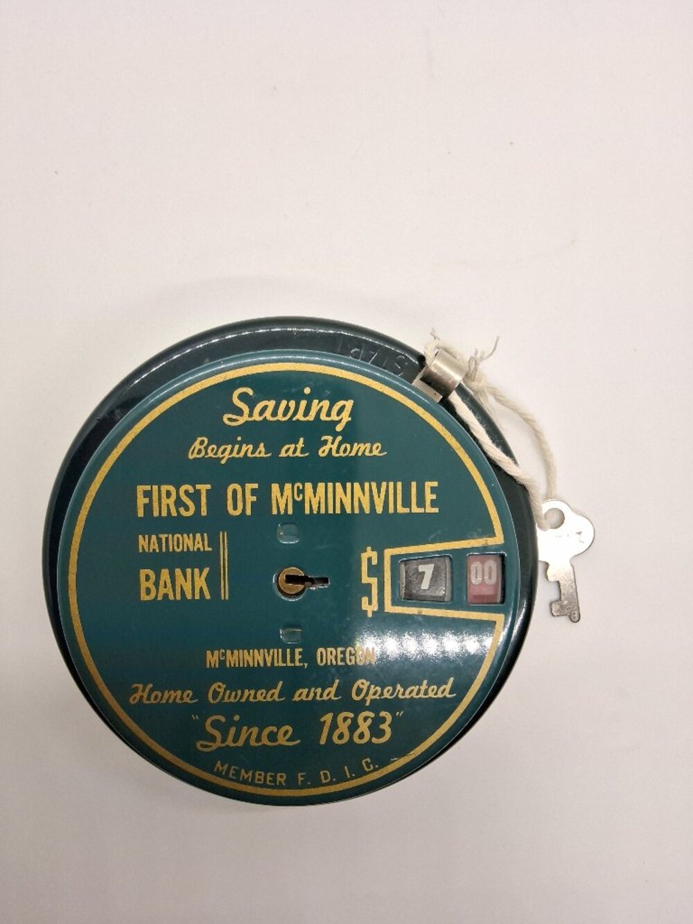 "Saving Begins at Home" First National Bank of McMinnville Or. Add-O-Bank w/Key